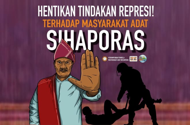 Text auf dem Plakat: Stoppt die Unterdrückung der Indigenen Sihaporas