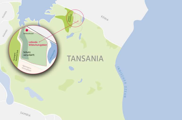 Tansania-Karte mit Lupe auf dem Loliondo-Schutzgebiet Karte Tansania