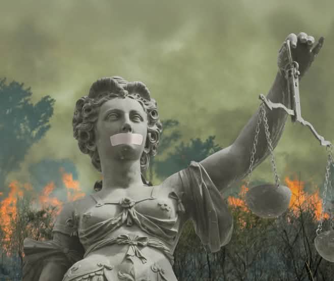 Collage: Justitia vor dem brennenden Regenwald