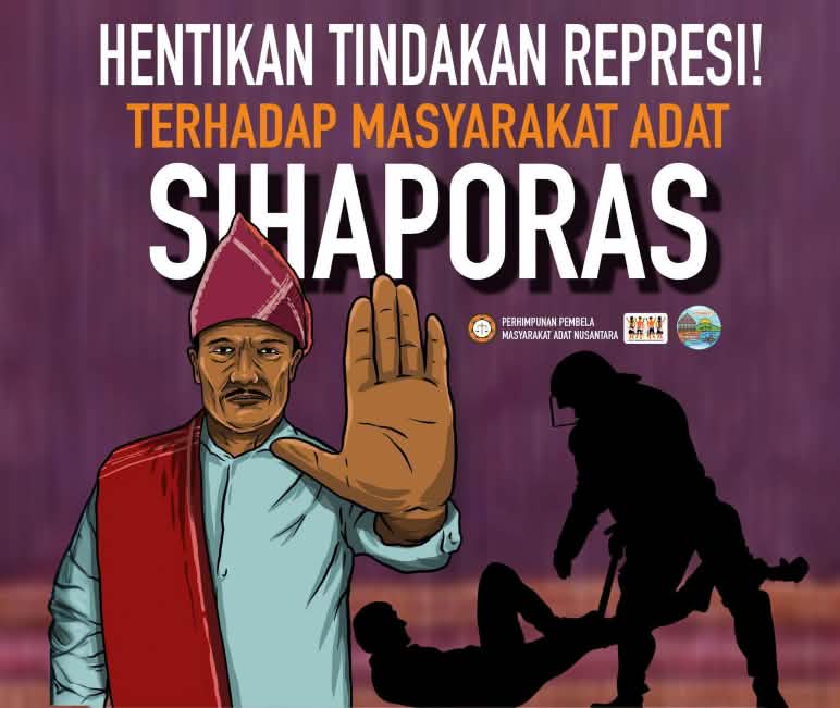 Die Solidarität mit indigenen Opfern von Landraub, Unterdrückung und Gewalt wächst Text auf dem Plakat: Stoppt die Unterdrückung der Indigenen Sihaporas