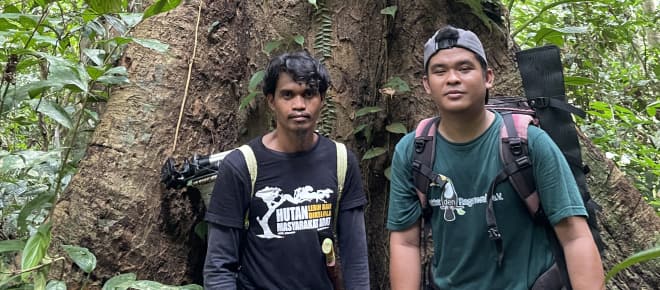 Habibi und Jahrul von SOB vor einem Baum im Regenwald