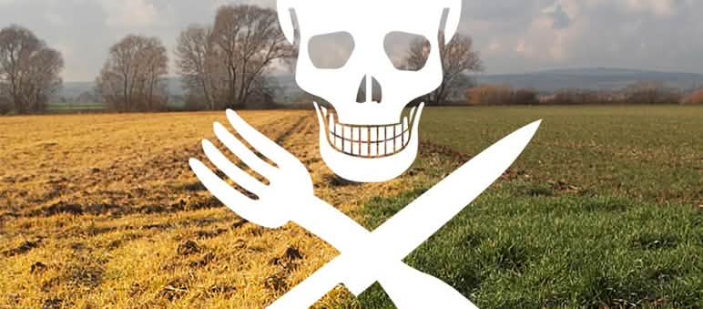 Ein Totenkopfprint mit Besteck-Knochen über den toten Feldern