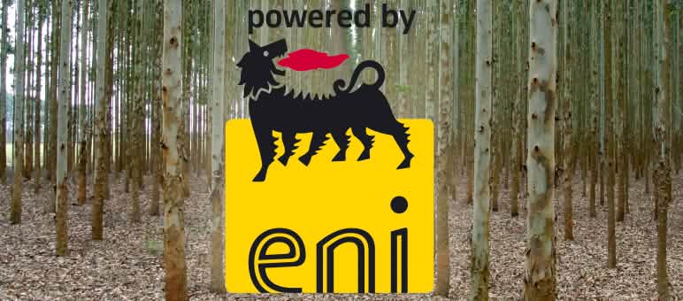 Gemeinsame Aktion von Earth Riot, Zeroenergy Veneto, Antispecisti Pratesi und Rettet den Regenwald (Salviamo la Foresta) in Marghera bei Venedig Collage : Eukalyptus-Plantage mit Eni-Logo