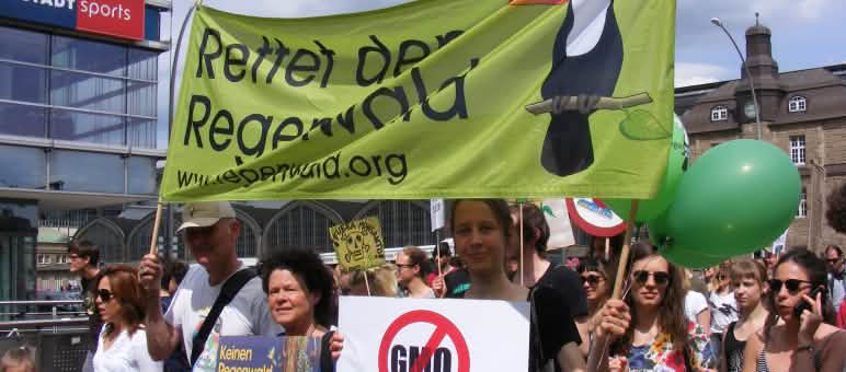 Die hamburger Regionalgruppe von Rettet den Regenwald hält auf einer Demo gegen Monsanto ein Banner und Plakate in die Höhe.