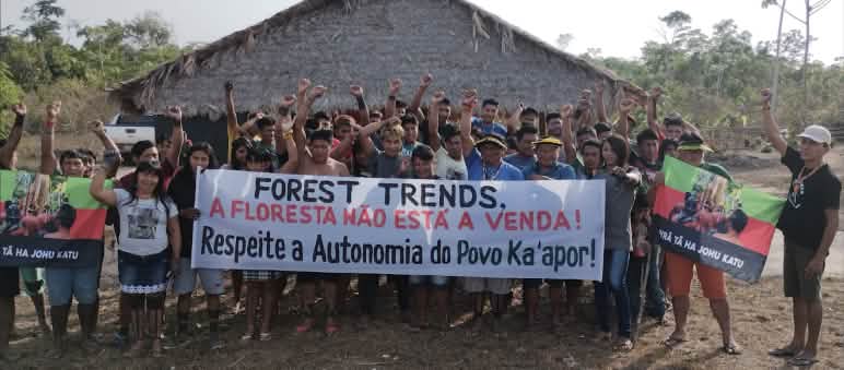 Protest von Ka'apor gegen die Kohlenstoffhändler in ihrem Territorium. Aufschrift auf dem Banner: Forest Trends. Der Regenwald steht nicht zum Verkauf. Respektiert die Autonomie des Ka'apor-Volkes! Eine Gruppe von Indigenen protestiert mit Bannern vor einer mit Palmenwedeln überdachten Hütte
