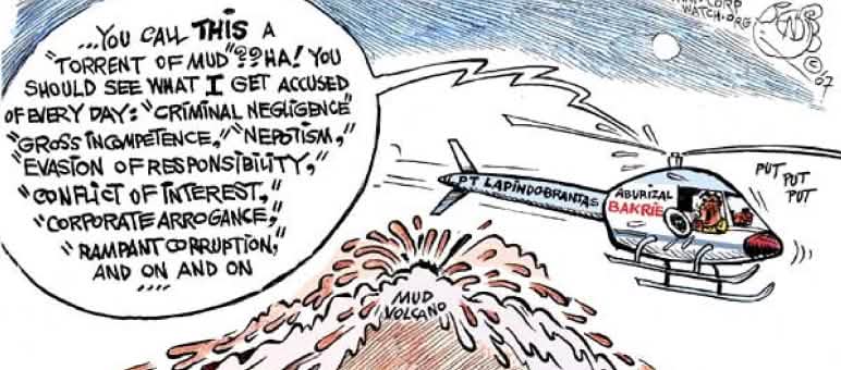 Lapindo-Schlammvulkan am 29. Mai 2006: Ex-Minister Aburizal Bakrie und seine Firma Lapindo Brantas entziehen sich der Verantwortung Cartoon zur Verantwortung des Unternehmers und Ministers Bakrie wegen des Schlammvulkans in Sidoarjo