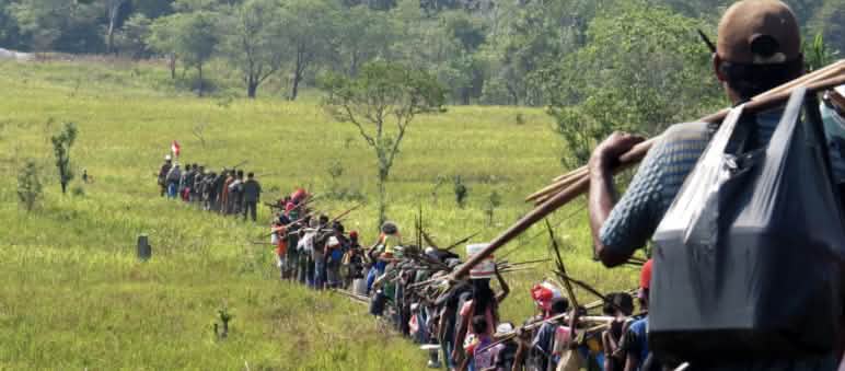 Die vielfältigen Ökosysteme ernähren die indigenen Aru - Regenwald, Mangroven, Seegraswiesen, Savannen Eine große Gruppe indigene Jäger durchschreitet eine Savanne