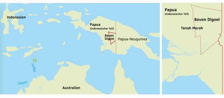 Südlich von Boven Digoel geht der Regenwald allmählich in Savanne über Karte Papua