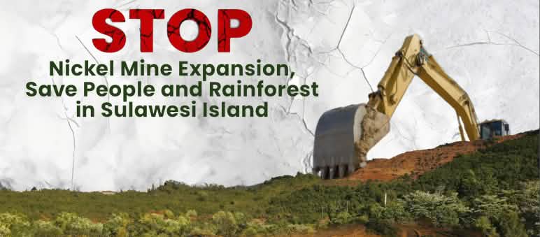 Die Expansion der Nickelminen bedroht Natur und Menschen der Insel Sulawesi Fotocollage Bagger, Mine, Waldschäden