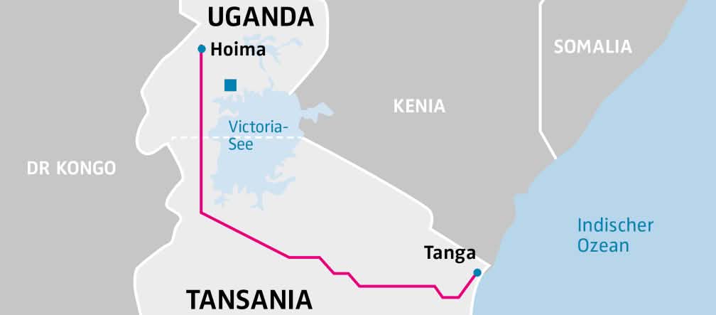 Die Pipeline EACOP soll von Erdölfeldern in Uganda zum Exporthafen Tanga in Tansania führen Karte Uganda Tansania