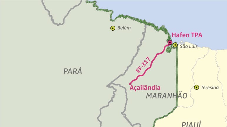 Karte mit Lage des Hafens TPA und der Gütereisenbahn EF-317 im Amazonasgebiet in Brasilien