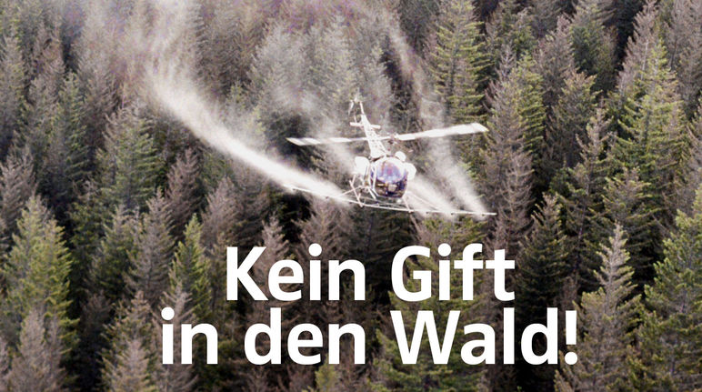 Pestizideinsatz per Hubschrauber im Wald + Text "Kein Gift in den Wald"
