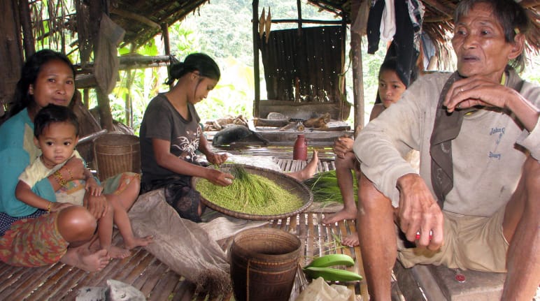 Ein Mann, drei Frauen und ein kleiner Junge sitzen in einer offenen Hütte, eine Frau sortiert Reis in einer flachen Schale