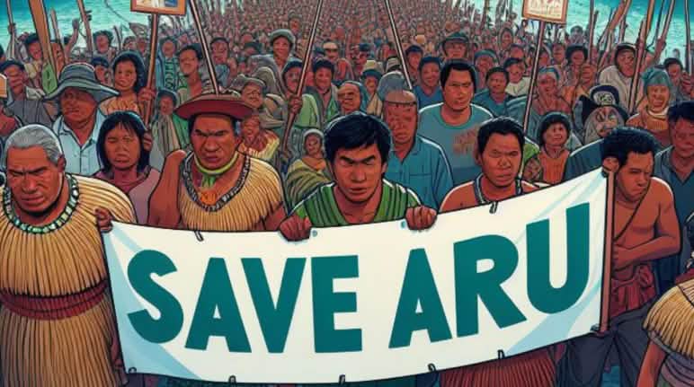 #Save Aru Gemälde von Menschenmasse mit Poster "Save Aru", im Hintergrund Meer und Schiffe