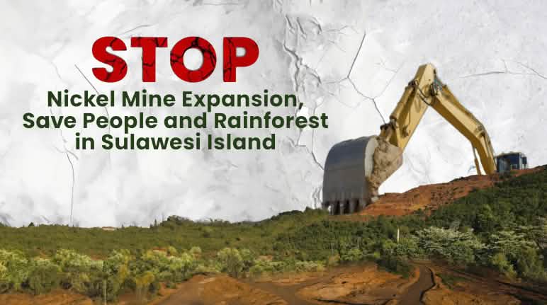 Die Expansion der Nickelminen bedroht Natur und Menschen der Insel Sulawesi Fotocollage Bagger, Mine, Waldschäden