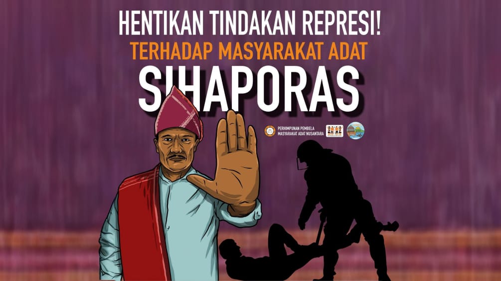 Text auf dem Plakat: Stoppt die Unterdrückung der Indigenen Sihaporas