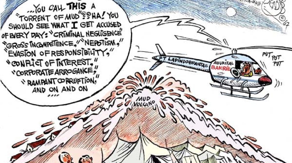 Cartoon zur Verantwortung des Unternehmers und Ministers Bakrie wegen des Schlammvulkans in Sidoarjo