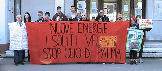Umweltschützer mit ihren Protestbannern vor dem Rathaus von Maghera